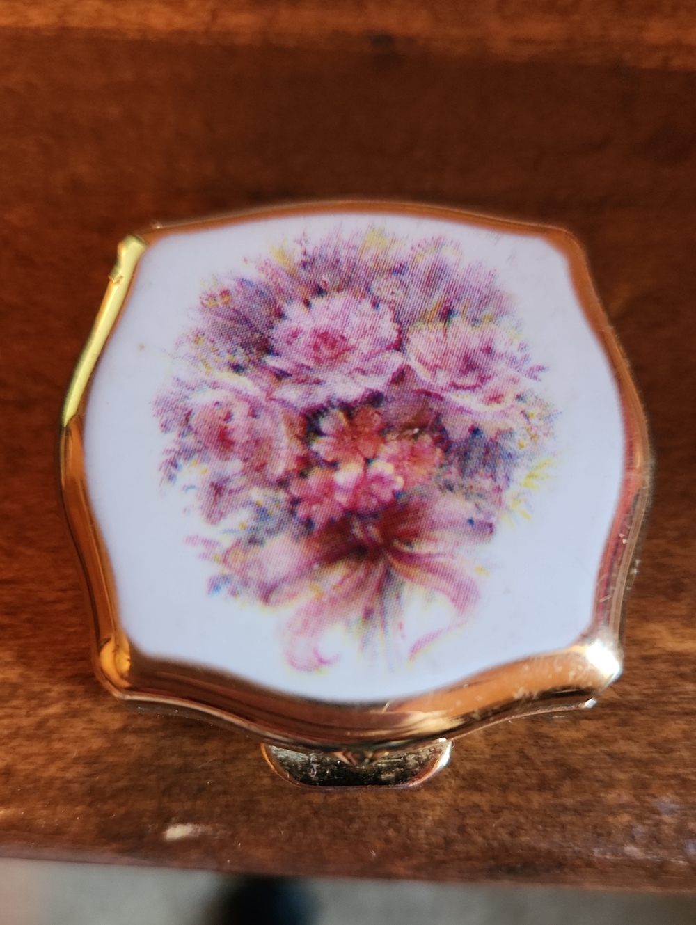 Stratton Floral Compact Pill Box with Gold Color Trim